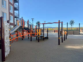 A playground with a slide and climbing structures.