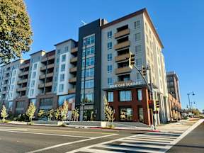 A street view of a building named Blue Oak Square with a traffic light on the right.