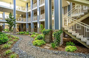 A gravel path leads to a building with a staircase.