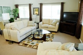 a living room with white furniture and a television
