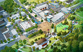 an illustration of a city with buildings and trees