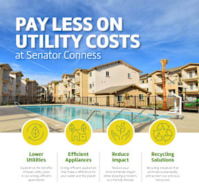 A poster advertising lower utility costs at Senator Conness with four key points: Lower Utilities, Efficient Appliances, Reduce Impact, and Recycling Solutions.