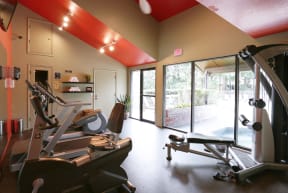 a home gym with a treadmill and elliptical