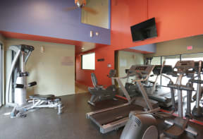 a room with a lot of exercise equipment in it