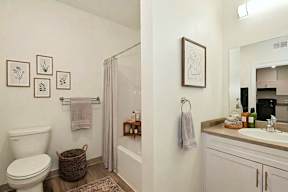 A bathroom with a toilet, a shower, a sink and a mirror.