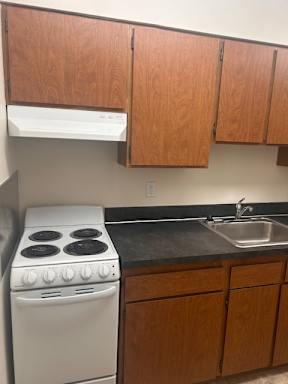 A white oven with four burners sits under a wooden cabinet.
