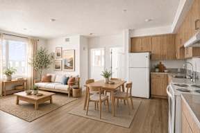 A modern kitchen with a dining table and chairs in the middle of the room.