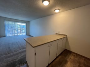 a kitchen and living room in an apartment