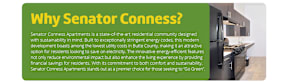 A green and white flyer for Senator Conness apartments.
