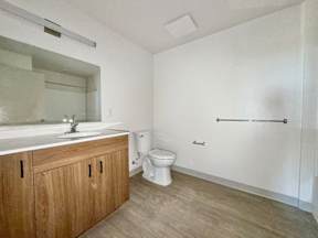 A bathroom with a toilet, sink, and wooden cabinets.