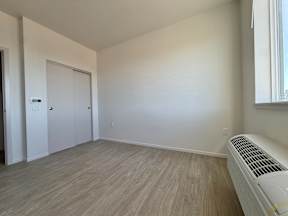 A room with a wood floor and a window.