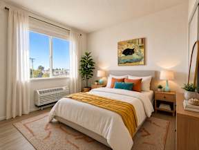 A bedroom with a large bed and a painting on the wall.