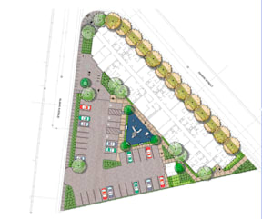 A map shows a parking lot with a green tree and a blue airplane.