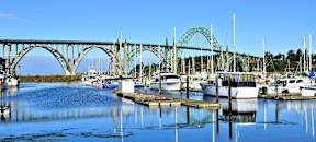A bridge over a marina with boats docked.