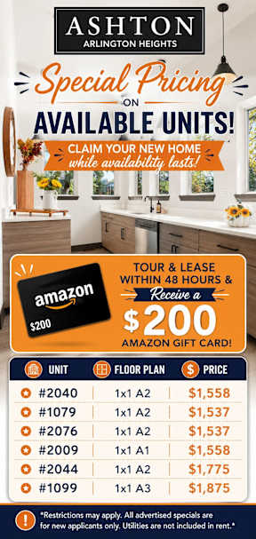 A flyer advertises special pricing on available units at Ashton Arlington Heights, with a chance to win an Amazon gift card.