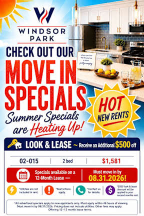 A poster advertises a promotion for Windsor Park, offering a $500 discount on a 12-month lease for a 2 bedroom apartment starting at $1,581.