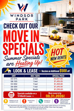 A flyer for Windsor Park advertising their summer special move in deals.