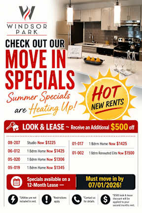 A flyer for Windsor Park advertising their move in specials for new renters.
