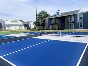 A tennis court with a blue surface and white lines.