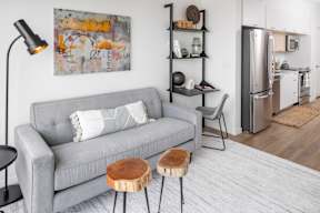 Studio living area and kitchen