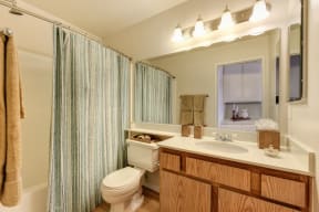 Bathroom with sink and vanity, toilet and tub/shower. Several cabinets for storage and hardwood inspired flooring through out.  