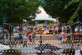 An outdoor stage with musician performing for a crowd near hanging string lights and trees at an Eagleview concert in Exton, PA.