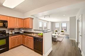 A kitchen with wooden cabinets