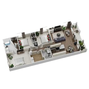 A 3D floor plan of a three bedroom Retreat home .