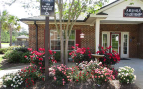 clubhouse flowers in front of handicapped parking area