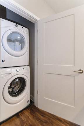 A stacked washer and dryer in a closet. at Keva Flats, Exton, Pennsylvania