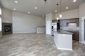 kitchen, gas fireplace, living area