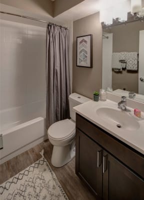 apartment bathroom with a single vanity and dual shower/tub