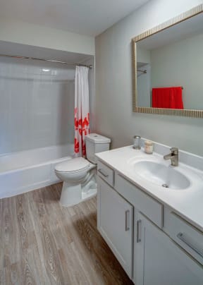 updated bathroom with a white vanity, toilet, and shower