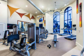a large fitness center with exercise equipment and large windows