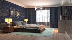 a bedroom with a bed and a rug
