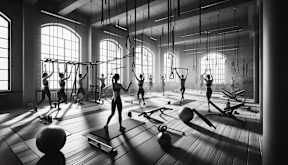 a group of women exercising in a gym with weights