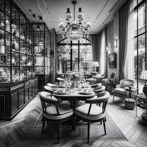 a dining room with a table and chairs and a chandelier
