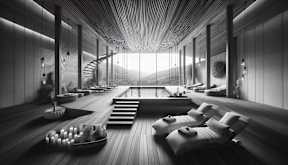 a black and white rendering of a lounge room with a pool