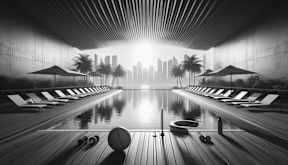 a swimming pool with palm trees and a city in the background