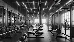 a gym full of weights and dumbbells