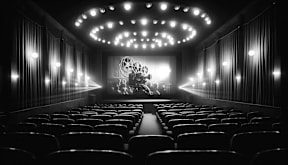a black and white photo of an empty auditorium with a film on the screen