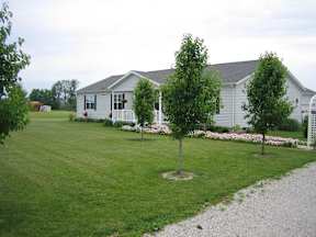 a house with a lawn and trees in front of it