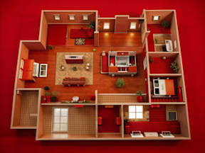 A red and white dollhouse with a kitchen, living room, and dining area.