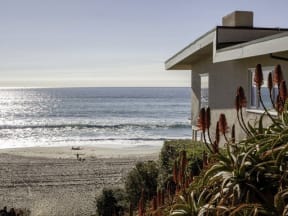 a house on the beach with the ocean in the background