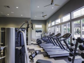 a row of treadmills and other exercise equipment in a gym