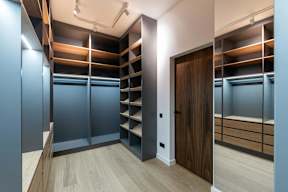A room with a wooden floor and a brown door.