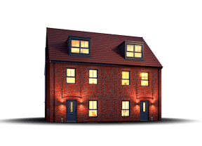 A red brick house with lights on.