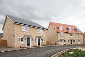Two houses with a grey sky in the background.