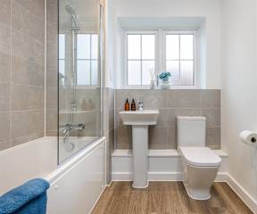 A bathroom with a toilet, sink, and shower.
