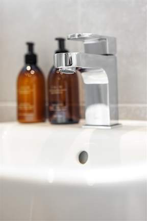 A white sink with a soap dish and two bottles of soap.